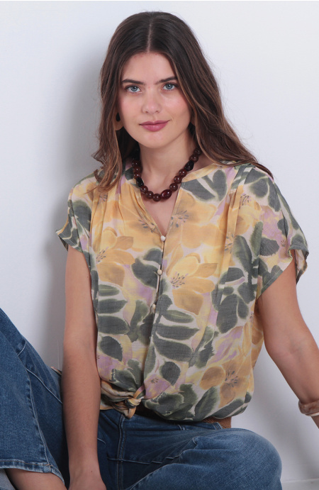 Blusa Estampada Manga Corta Cuello Mao Escote V Amarrada En Ruedo