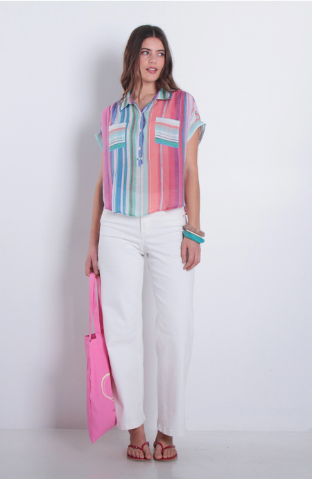 Blusa Listada Manga Corta  Abotonada En Delantero Con Bolsillo