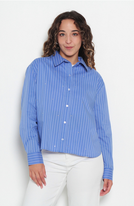 Blusa Manga Larga Listada Abotonada En Delantero