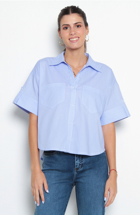 Blusa Manga Corta Listada Abotonada En Delantero