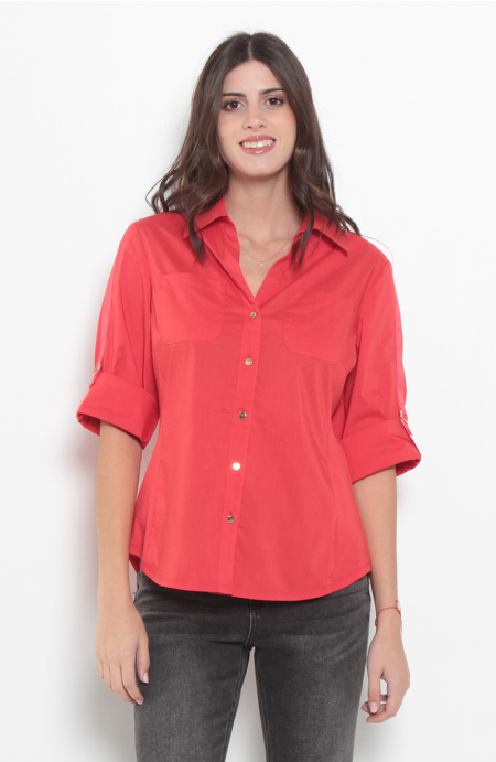 Blusa Manga 3/4 Escote V Con Bolsillos