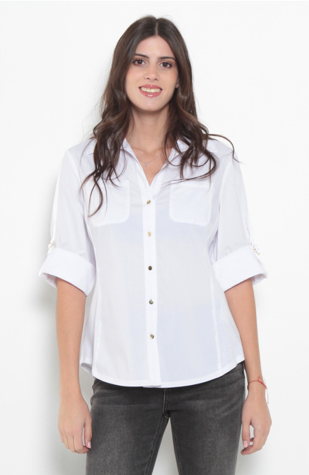 Blusa Manga 3/4 Escote V Con Bolsillos