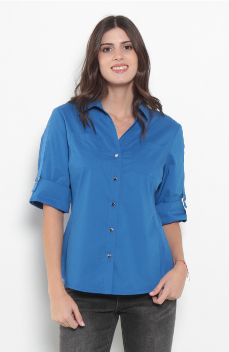 Blusa Manga 3/4 Escote V Con Bolsillos