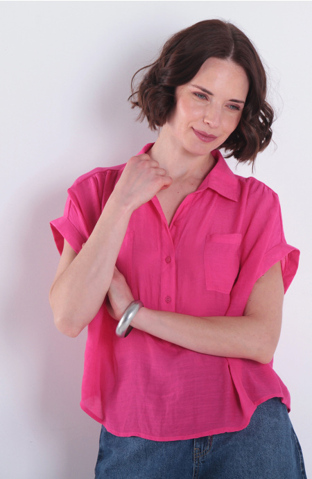 Blusa Manga Corta Abotonada En Delantero Con Bolsillos