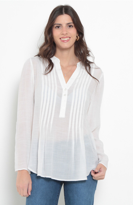 Blusa Manga Larga Escote V Abotonada En Delantero