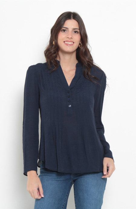 Blusa Manga Larga Escote V Abotonada En Delantero