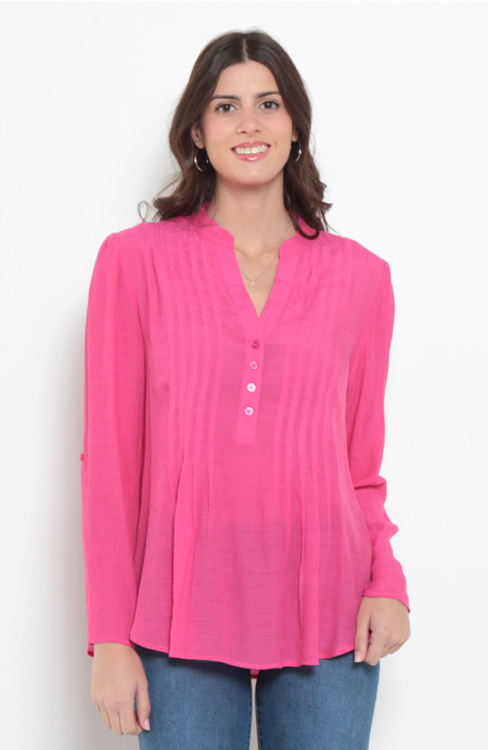 Blusa Manga Larga Escote V Abotonada En Delantero