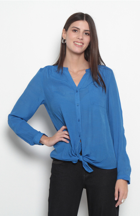 Blusa Manga Larga Escote V Abotonada En Delantero Con Bolsillo