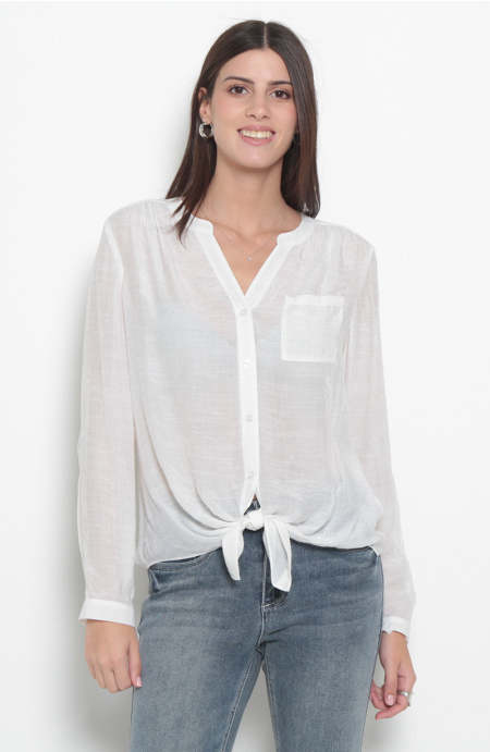 Blusa Manga Larga Escote V Abotonada En Delantero Con Bolsillo