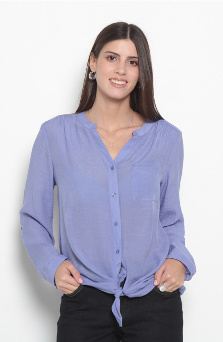 Blusa Manga Larga Escote V Abotonada En Delantero Con Bolsillo