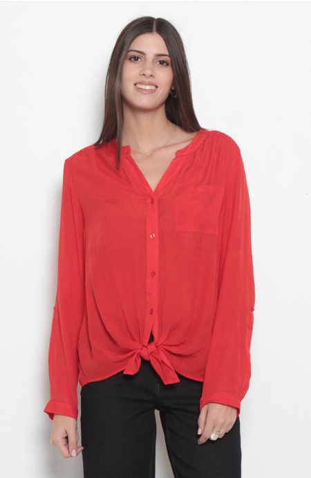 Blusa Manga Larga Escote V Abotonada En Delantero Con Bolsillo