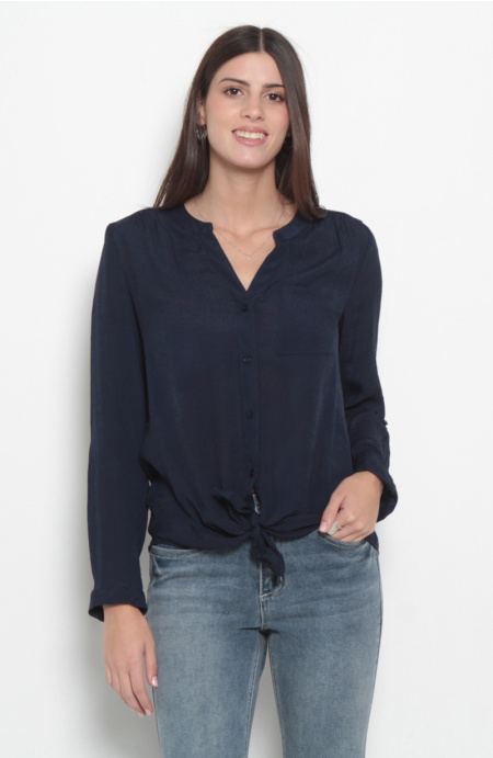 Blusa Manga Larga Escote V Abotonada En Delantero Con Bolsillo