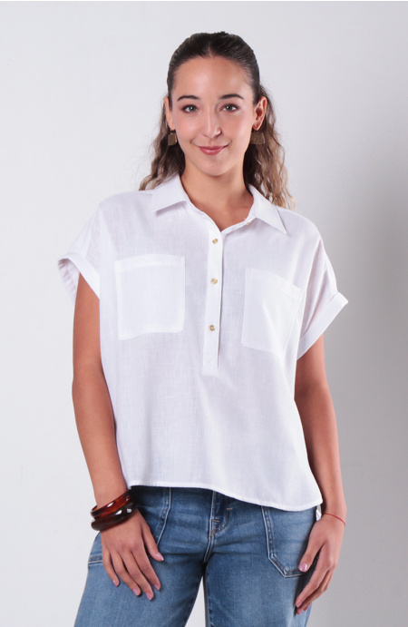Blusa Manga Corta Abotonada Con Bolsillos