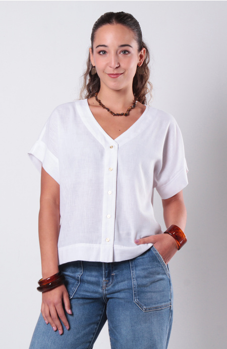 Blusa Manga Corta Escote V Abotonada En Delantero