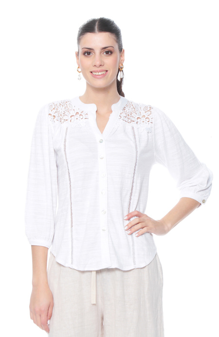 Blusa Manga 3/4 Con Brodery En Delantero Y Espalda Escote V