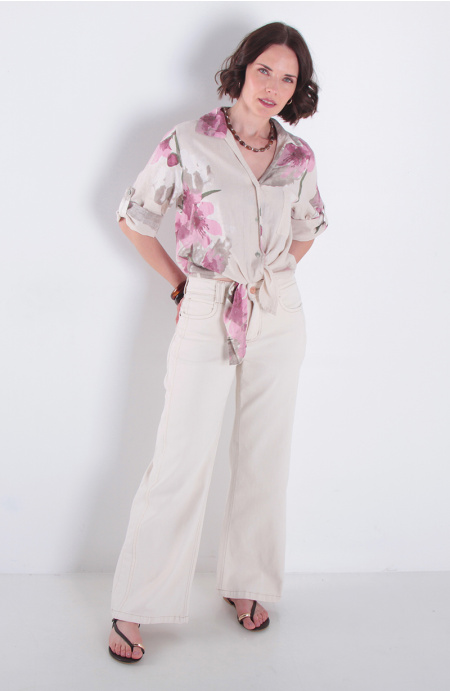 Blusa Lino Estampado Manga 3/4 Abotonada En Delantero