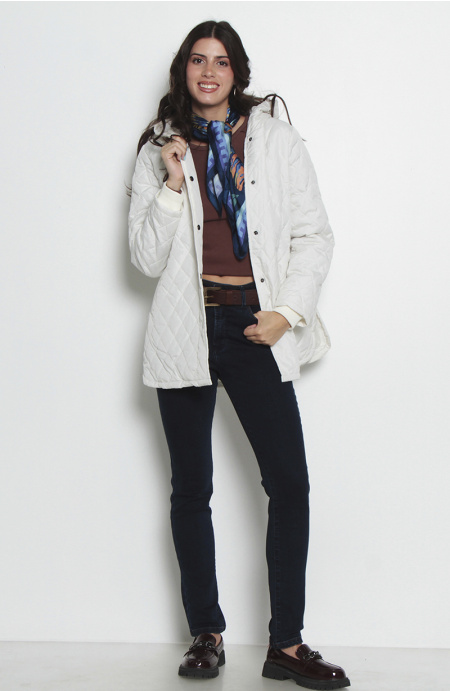 Parka Quilt Manga Larga Con Capucha Abrochada En Delantero