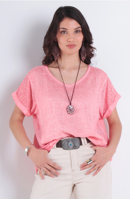 Polera Lino Manga Corta Escote Redondo