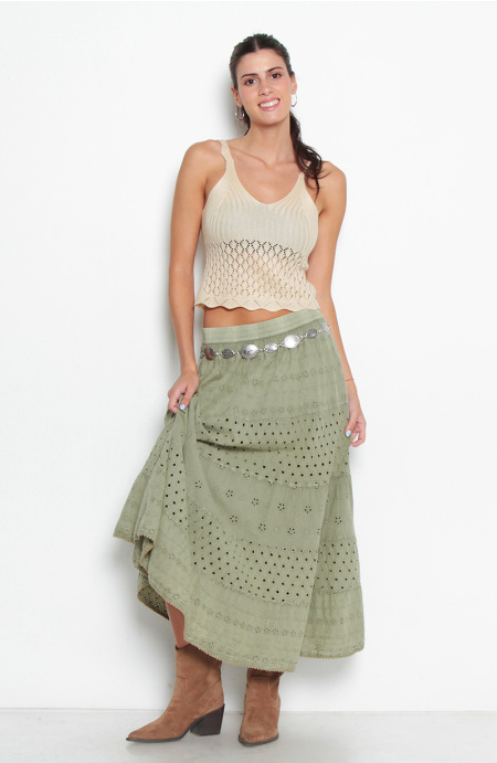 Falda Larga Brodery Con Corte Cintura Elasticada