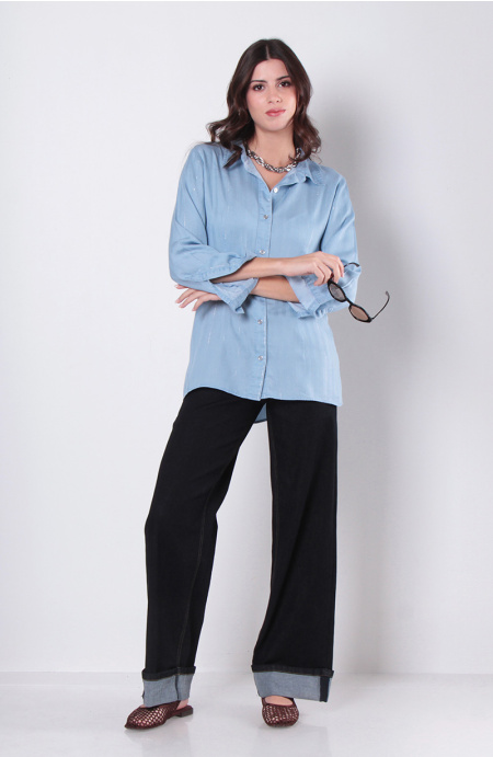 BLUSA TENCEL LISTADO LUREX MANGA LARGA ABOTONADA EN DELANTERO