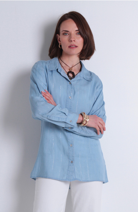 Blusa Tencel Listado Lurex Manga Larga Abotonada En Delantero