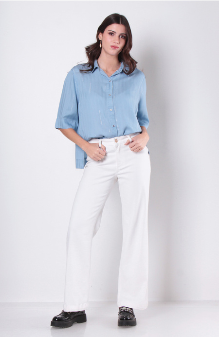 BLUSA TENCEL LISTADO LUREX MANGA CORTA ABOTONADA EN DELANTERO