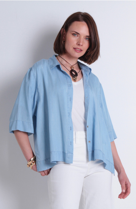 Blusa Tencel Listado Lurex Manga Corta Abotonada En Delantero
