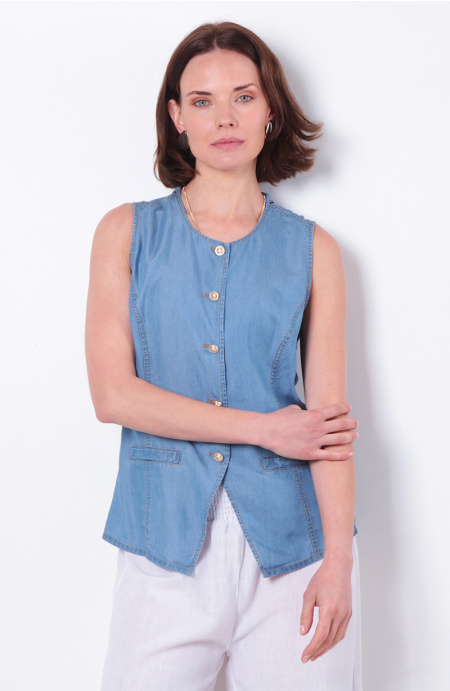Vest Tencel Sin Manga Abotonda En Delantero Escote Redondo