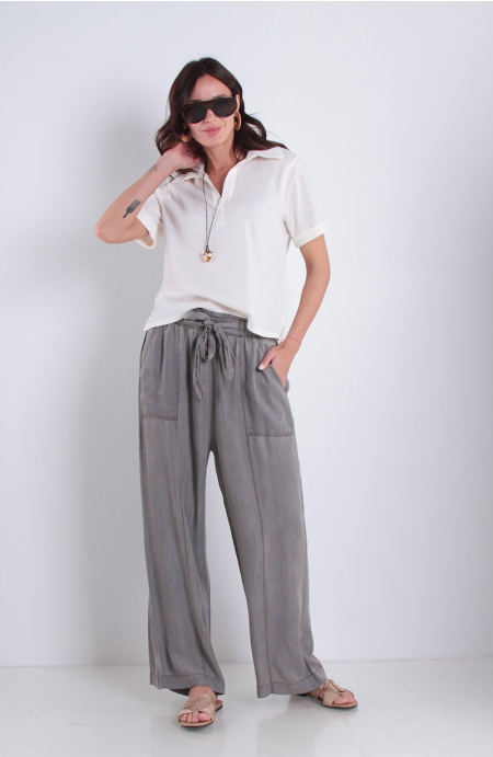 Pantalon Lyocell Wide Leg Tiro Alto Pretina Elasticada Con Lazo