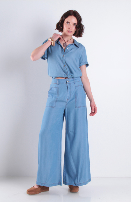 Pantalon Lyocell Wide Leg Tiro Alto Pretina Basica 1 Boton