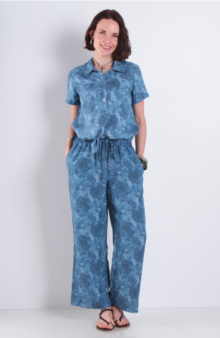 Pantalon Lyocell Estampado Wide Leg Tiro Alto Pretina Media Elasticada