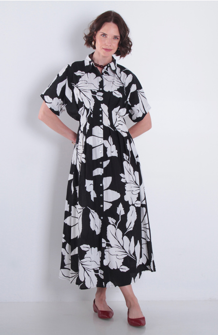 Vestido Estampado Manga Corta Abotonado En Delantero
