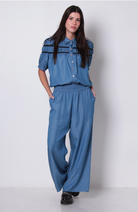 Pantalon Wide Leg Lyocell Tiro Alto Pretina Ancha Elaticada
