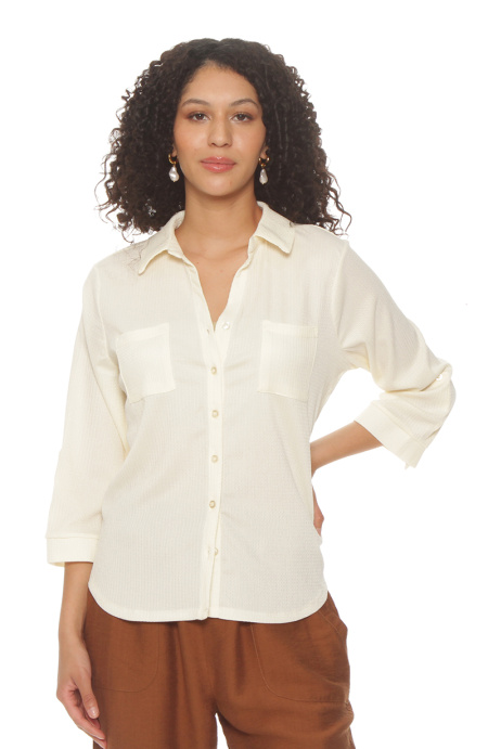 Blusa Manga 3/4 Solida Escote V Abotonada En El Delantero