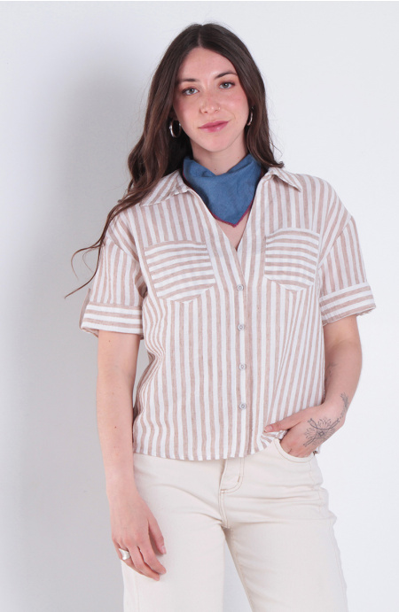 Blusa Manga Corta Listada Abotonada En Delantero Con Bolsillo