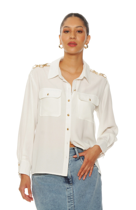 Blusa Manga Larga Abotonada En Delantero Con Bolsillo