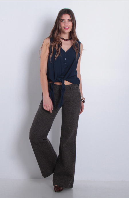 Pantalon Animal Print  Wide Leg Tiro Medio Pretina Basica 1 Boton