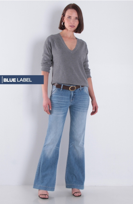 Jeans Flare Tiro Bajo Pretina Basica 1 Boton