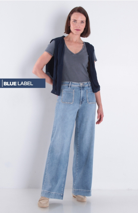 Jeans Wide Leg Tiro Alto Pretina Basica 1 Boton Con Tachas