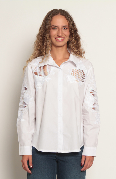 Blusa Manga Larga Con Aplicacion De Encaje Abotonada En Delantero