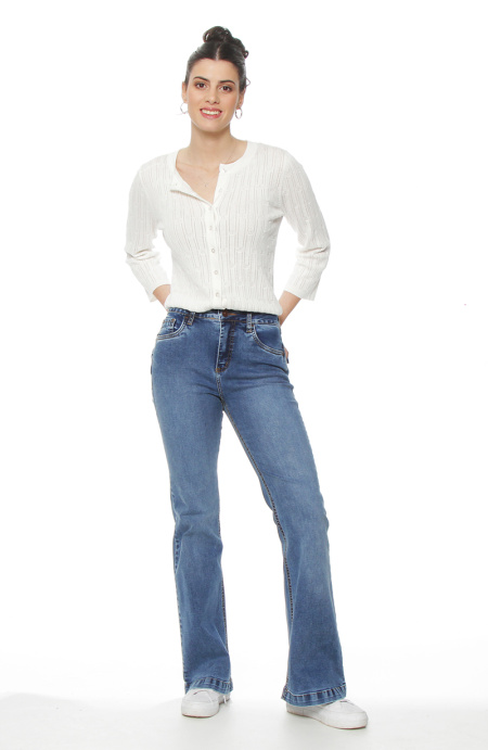 Jeans Flare Tiro Alto Pretina Basica 1 Boton