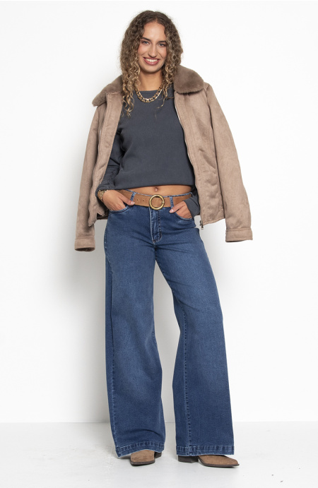Jeans Tiro Medio Wide Pretina Basica 1 Boton