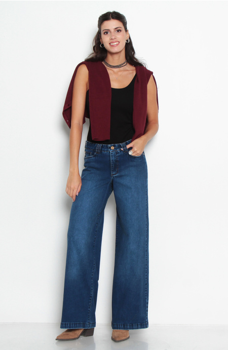 Jeans Wide Tiro Alto Pretina Basico Un Boton