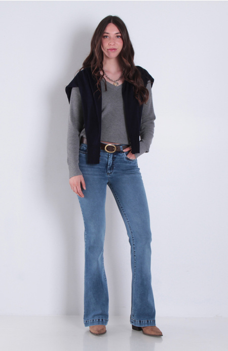 Jeans Flare Tiro Alto Pretina Basica 1 Boton Push Up