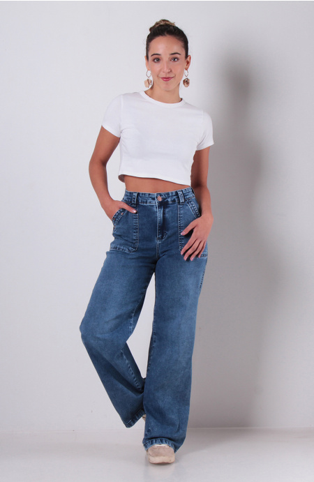 Jeans Cargo Recto Tiro Alto Pretina Un Boton