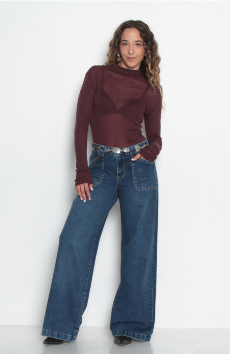 Jeans Wide Cargo Tiro Medio Pretina Basica 1 Boton