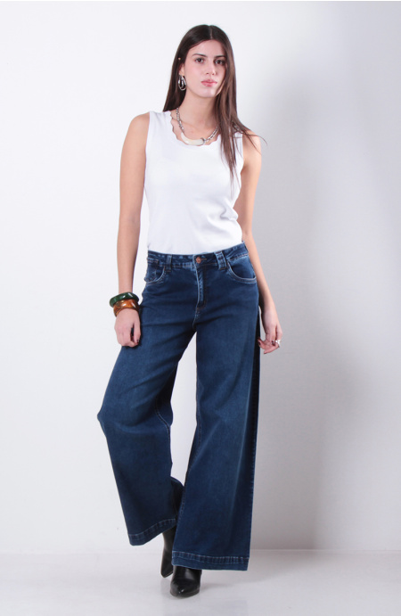 Jeans Wide Tiro Alto Pretina Basica 1 Boton