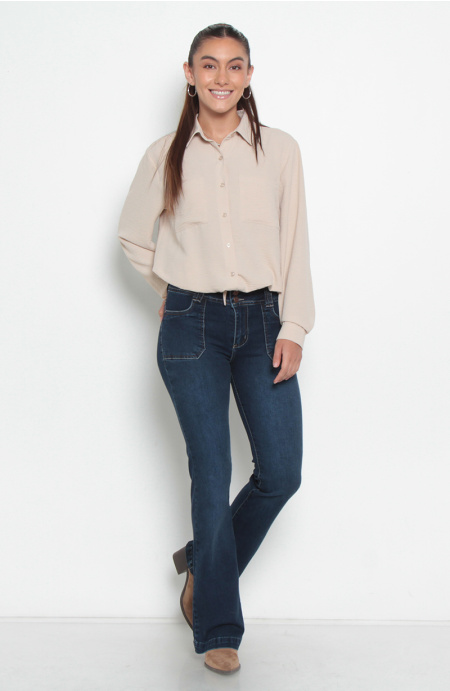 Jeans Cargo , Pierna Flare ,Tiro Alto ,Pretina Media Dos Botones
