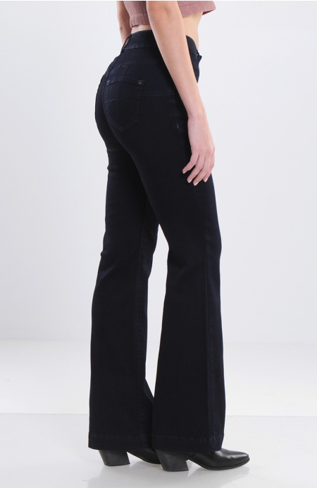 JEANS FLARE TIRO ALTO PRETINA BASICA 1 BOTON PUSH UP