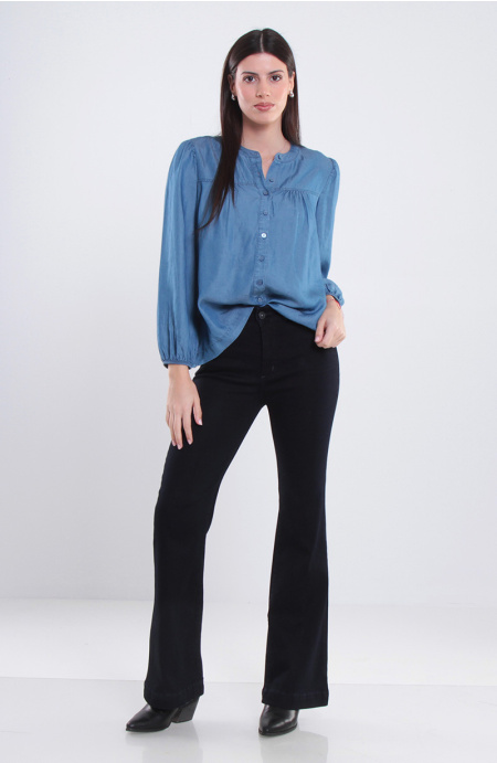 JEANS FLARE TIRO ALTO PRETINA BASICA 1 BOTON PUSH UP